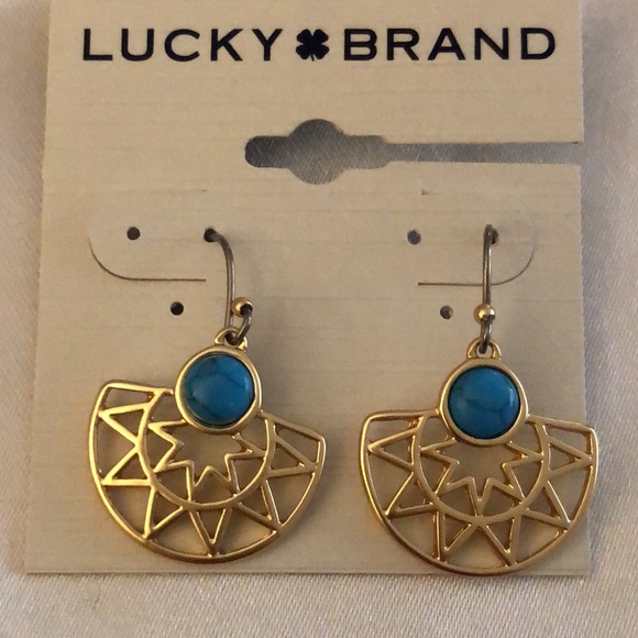 Lucky Brand Gold Tone Sun Ray Drop Earrings Turquoise Accent NWT - Picture 5 of 11